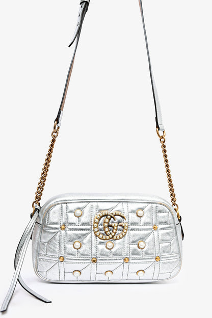 Gucci Silver Leather Pearl Studded Marmont Crossbody Bag
