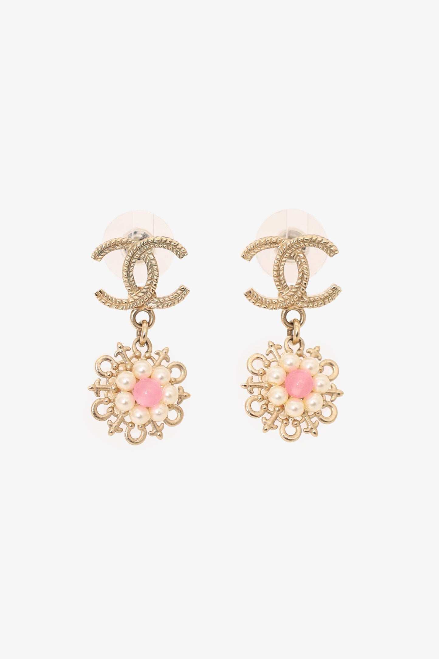 Chanel™ 2016 Gold-Tone/Pink CC Flower Drop Earrings