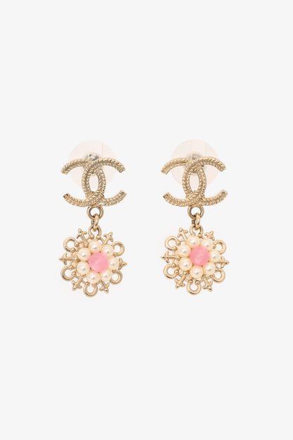 Chanel™ 2016 Gold-Tone/Pink CC Flower Drop Earrings