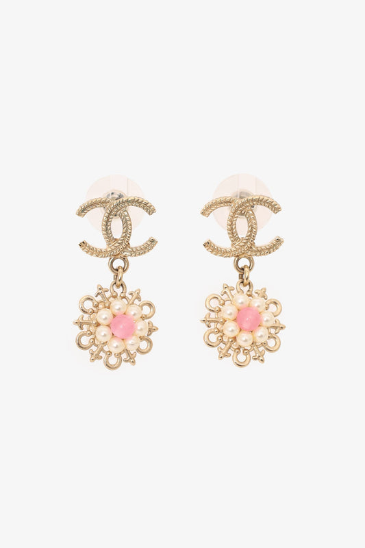 Chanel™ 2016 Gold-Tone/Pink CC Flower Drop Earrings