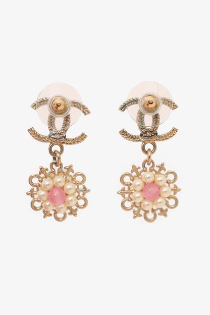 Chanel™ 2016 Gold-Tone/Pink CC Flower Drop Earrings