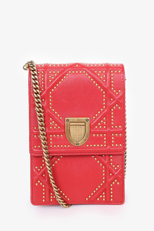 Christian Dior Red Leather Studded Diorama Vertical Crossbody Bag