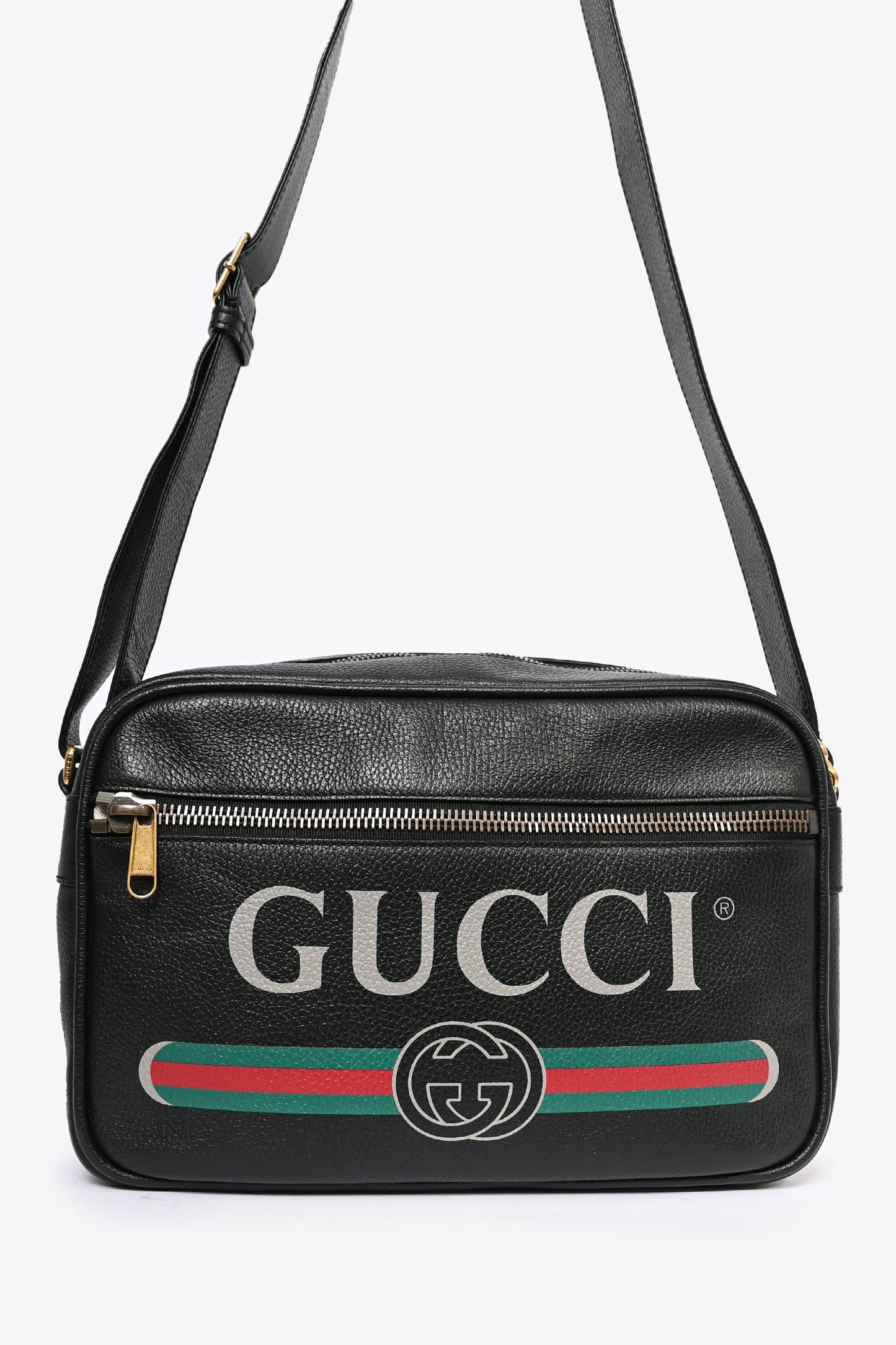 Gucci Black Leather Logo Messenger Bag