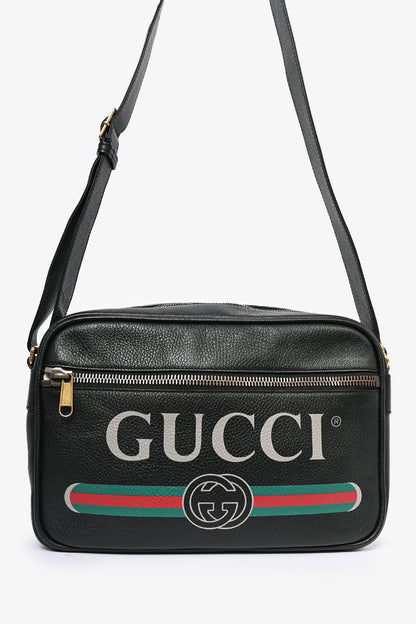 Gucci Black Leather Logo Messenger Bag