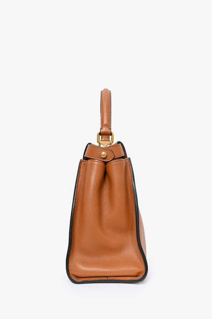Fendi Brown Leather Canvas Striped Peekaboo Top Handle with Canvas Strap