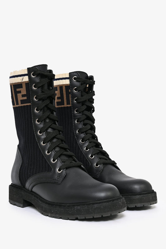 Fendi Black Leather Zucca Sock Combat Boots Size 35