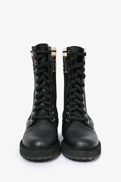 Fendi Black Leather Zucca Sock Combat Boots Size 35