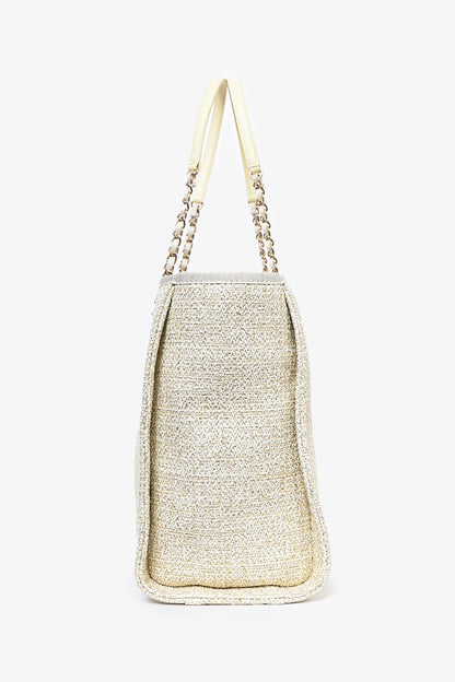 Pre-Loved Chanel™ 2021/22 Beige/Gold Metallic Tweed Small Deauville Shopping Tote