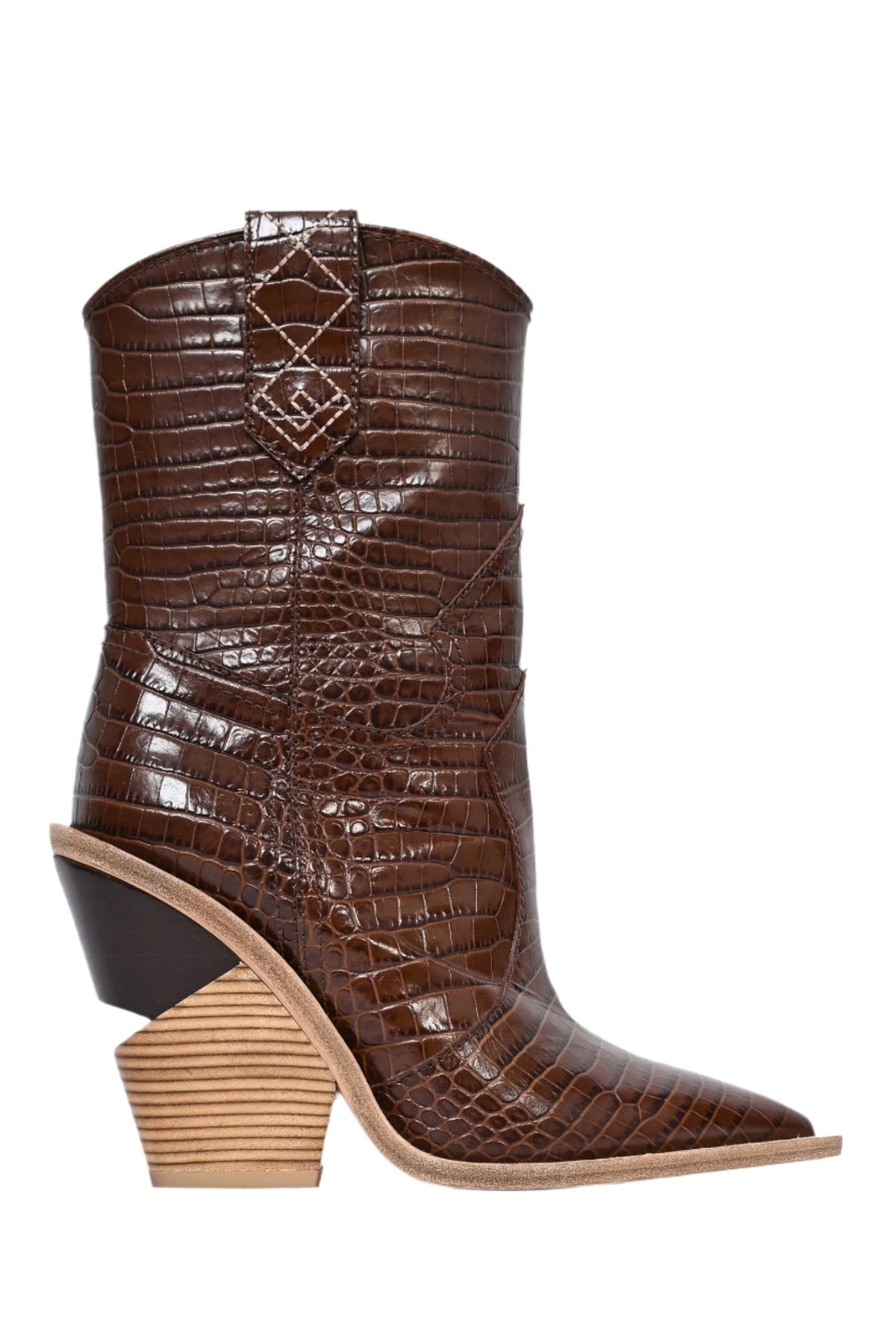 Fendi Brown Croc Embossed Leather Mid Calf Heeled Boots Size 37