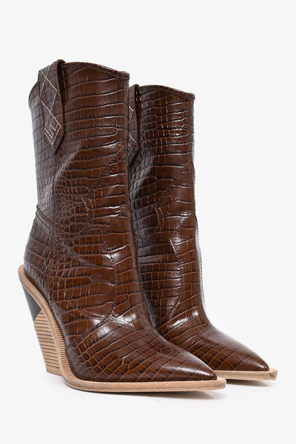 Fendi Brown Croc Embossed Leather Mid Calf Heeled Boots Size 37