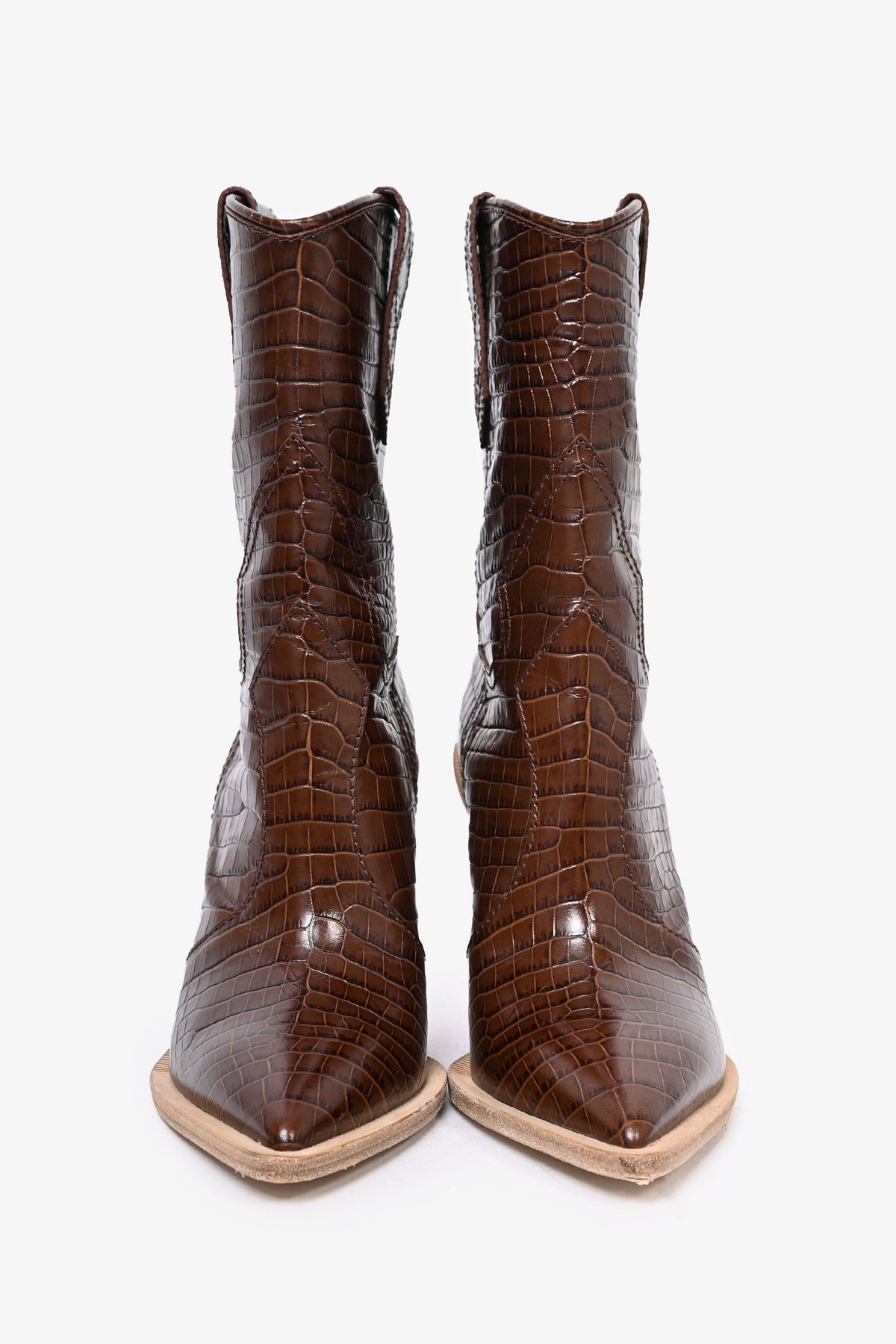 Fendi Brown Croc Embossed Leather Mid Calf Heeled Boots Size 37