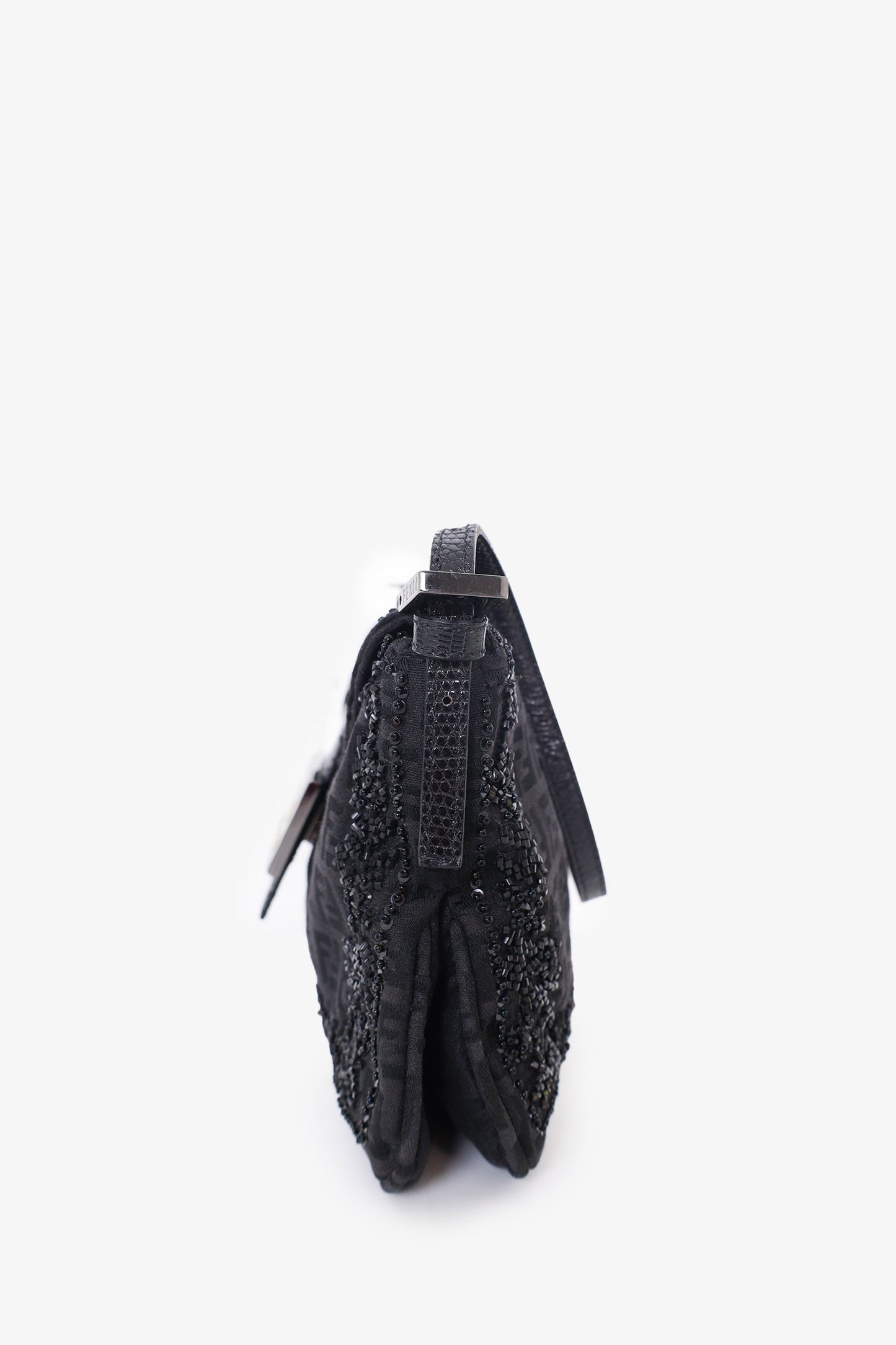 Fendi Black FF Zucca Beaded Lizard Trimmed Baguette