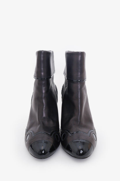 Chanel Black Leather/Patent Leather Detail \'CC\' Ankle Boots Size 37