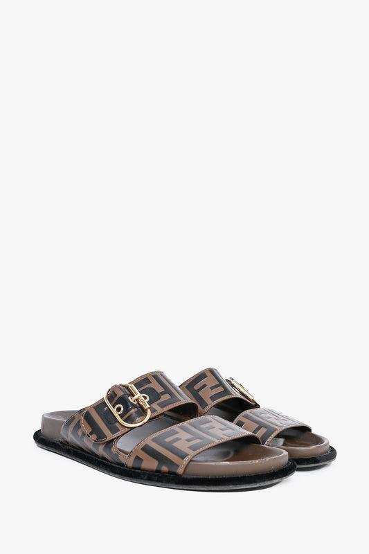 Fendi Brown/Black Zucca Printed Leather Double Strap Sandals Size 38.5 (As Is)