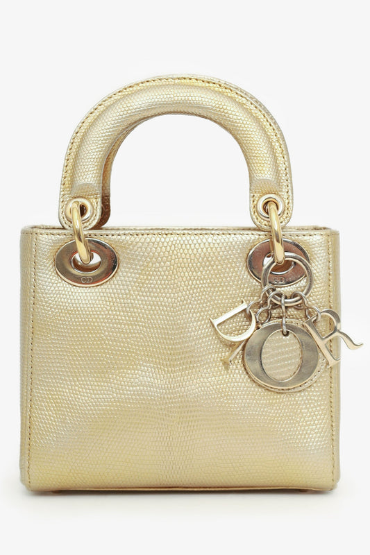 Christian Dior 2018 Gold Metallic Lizard Leather Mini Lady Dior with Strap