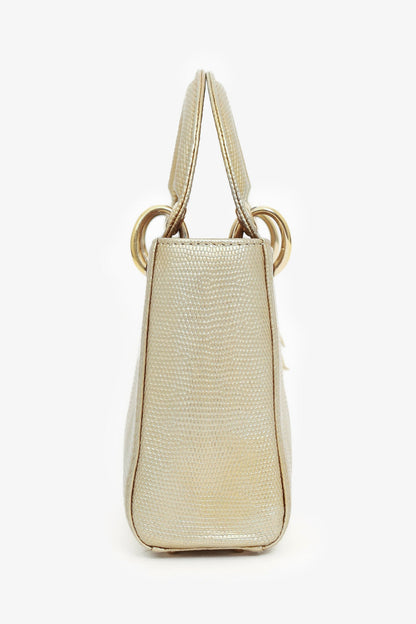 Christian Dior 2018 Gold Metallic Lizard Leather Mini Lady Dior with Strap