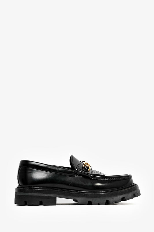 Celine Black Leather Fringe Triomphe 'Margaret' Platform Loafers Size 36