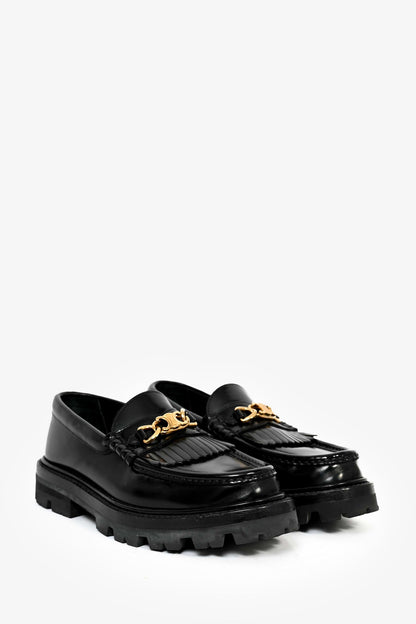 Celine Black Leather Fringe Triomphe 'Margaret' Platform Loafers Size 36
