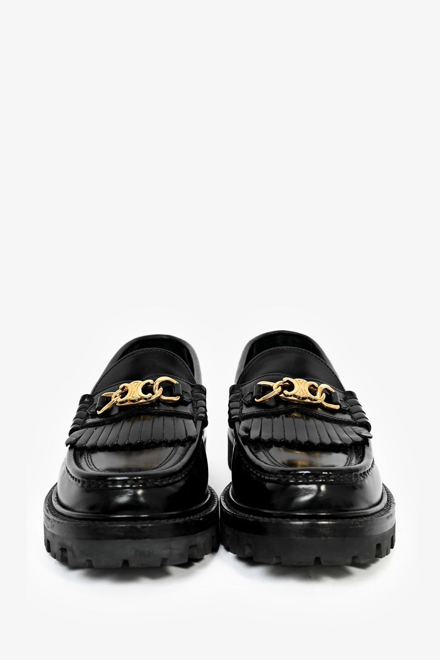 Celine Black Leather Fringe Triomphe 'Margaret' Platform Loafers Size 36