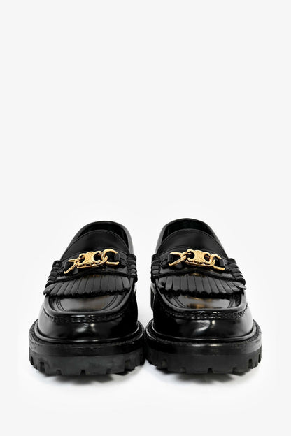 Celine Black Leather Fringe Triomphe 'Margaret' Platform Loafers Size 36