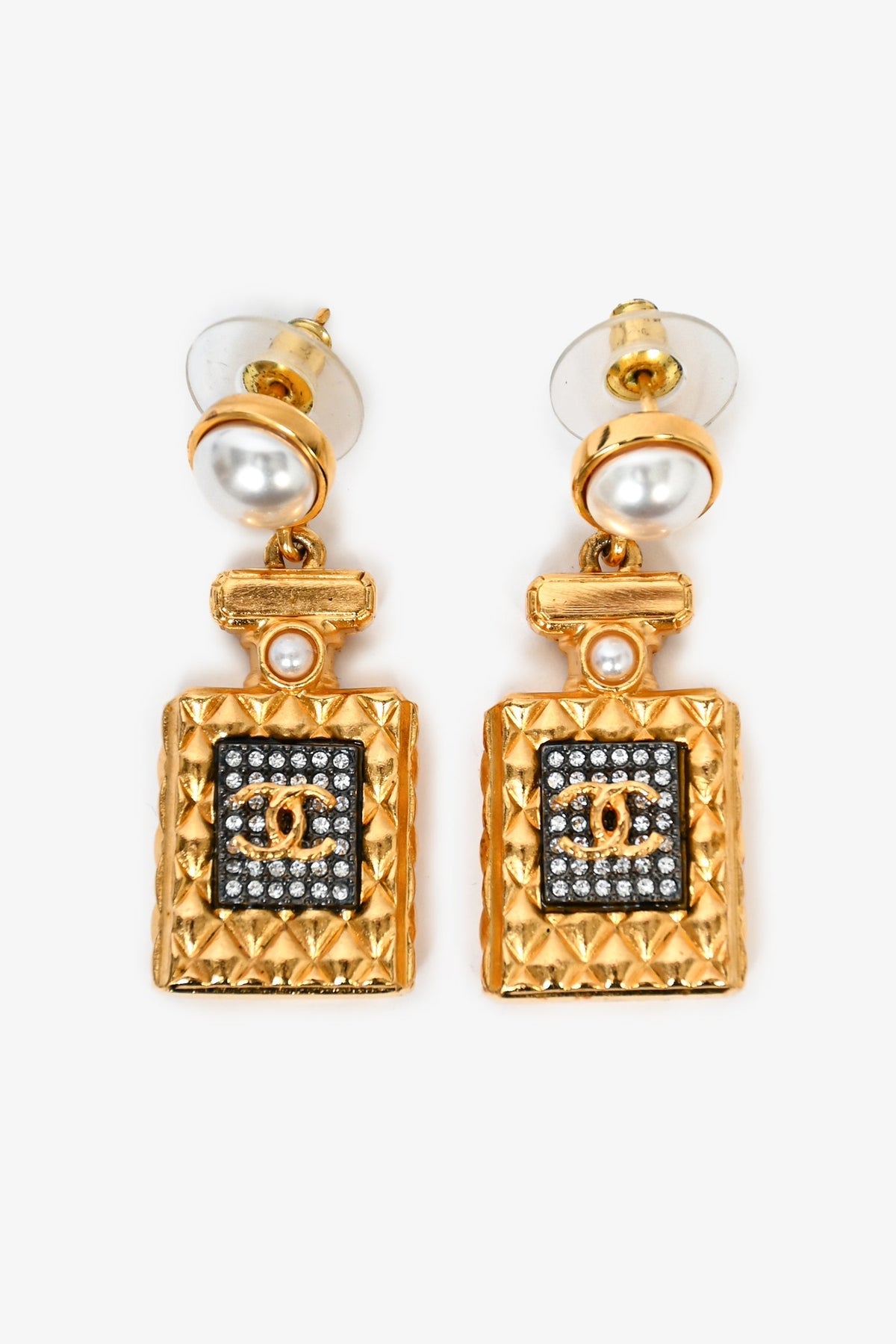 Chanel™ 2022 Gold Toned Faux Pearl Perfume Bottle Earrings