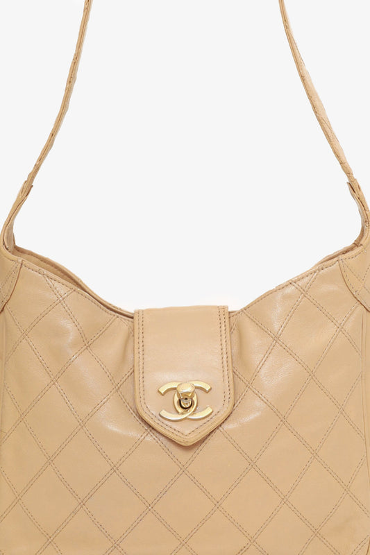 Pre-Loved Chanel™ 1986-88 Beige Quilted Lambskin CC Hobo Shoulder Bag with Pouch