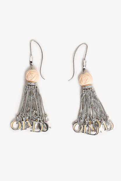 Christian Dior Silver Tone/Cream Enamel Rose Logo Tassel Earrings
