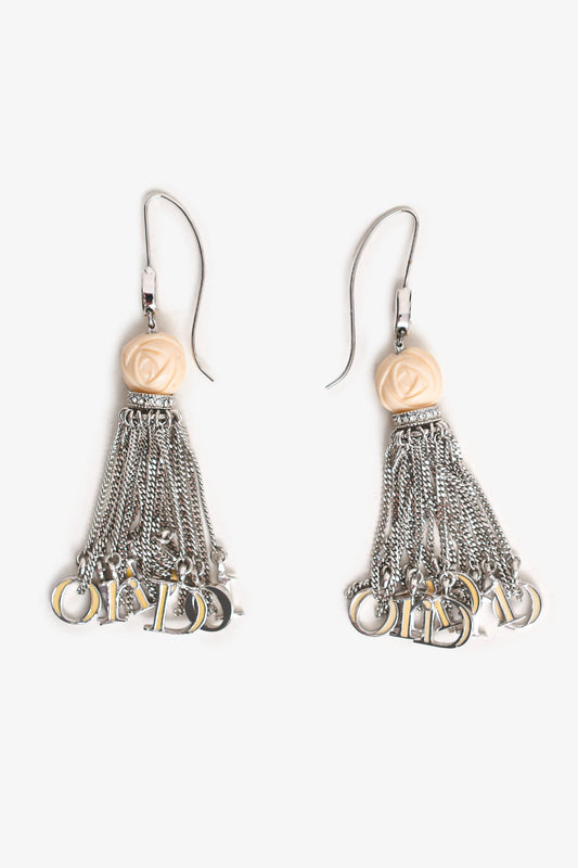 Christian Dior Silver Tone/Cream Enamel Rose Logo Tassel Earrings