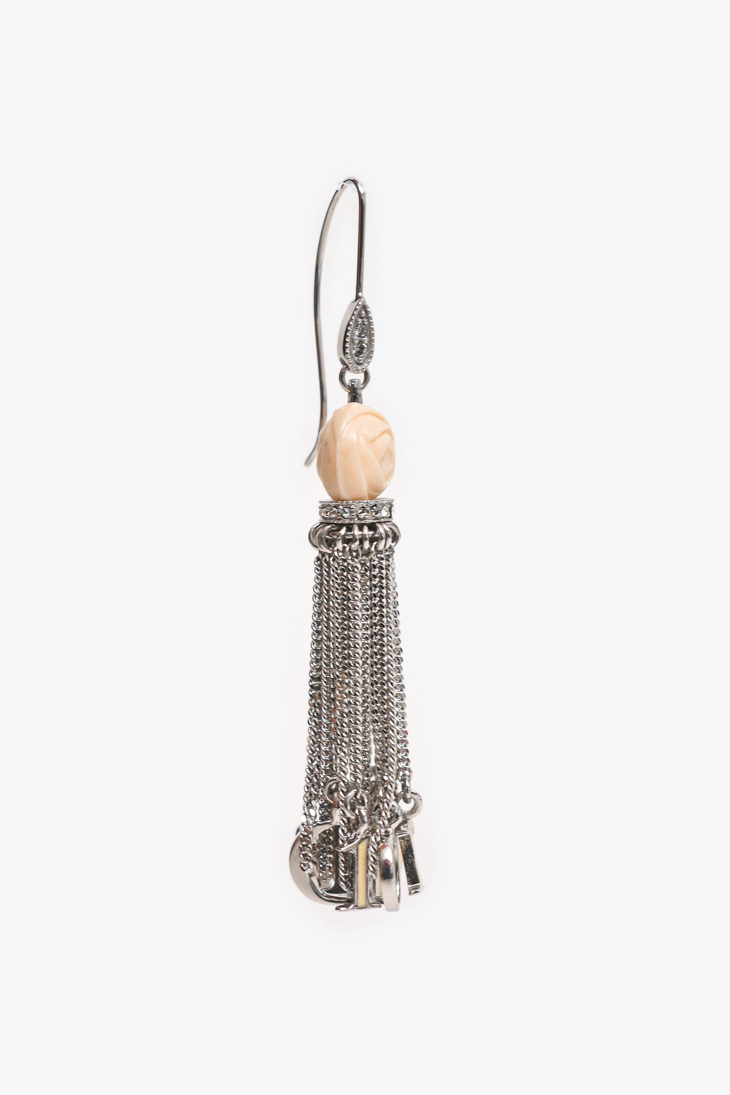 Christian Dior Silver Tone/Cream Enamel Rose Logo Tassel Earrings