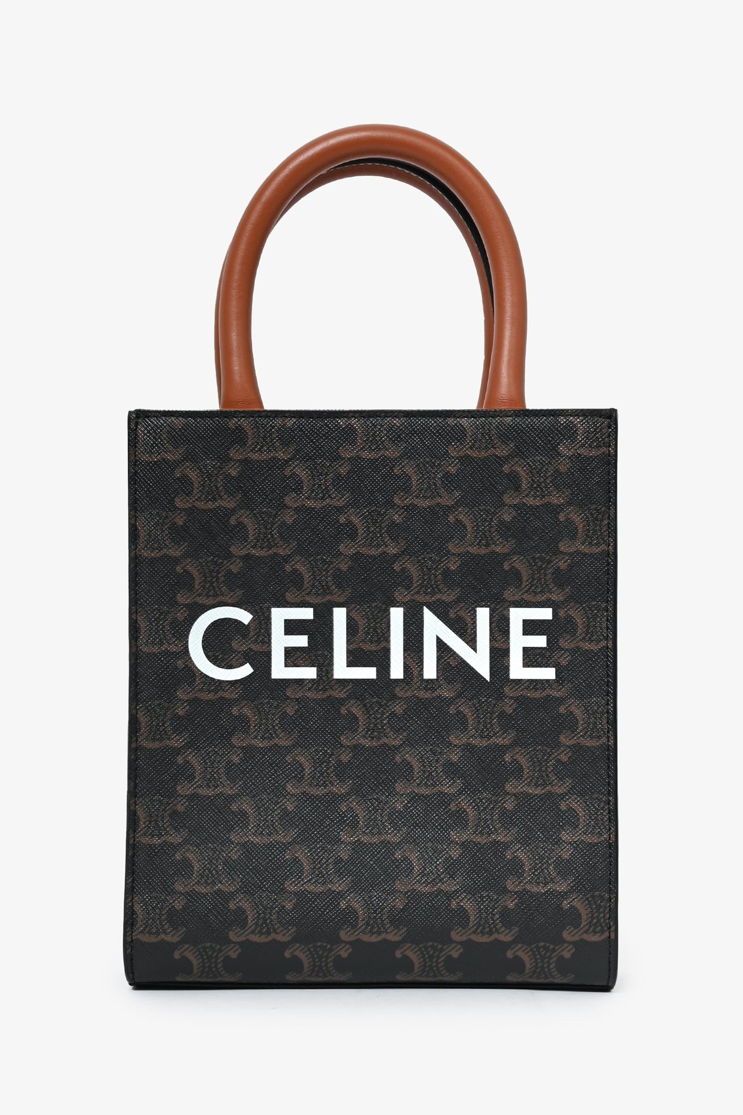 Celine Brown Leather Logo Mini Vertical Cabas Tote Bag with Strap
