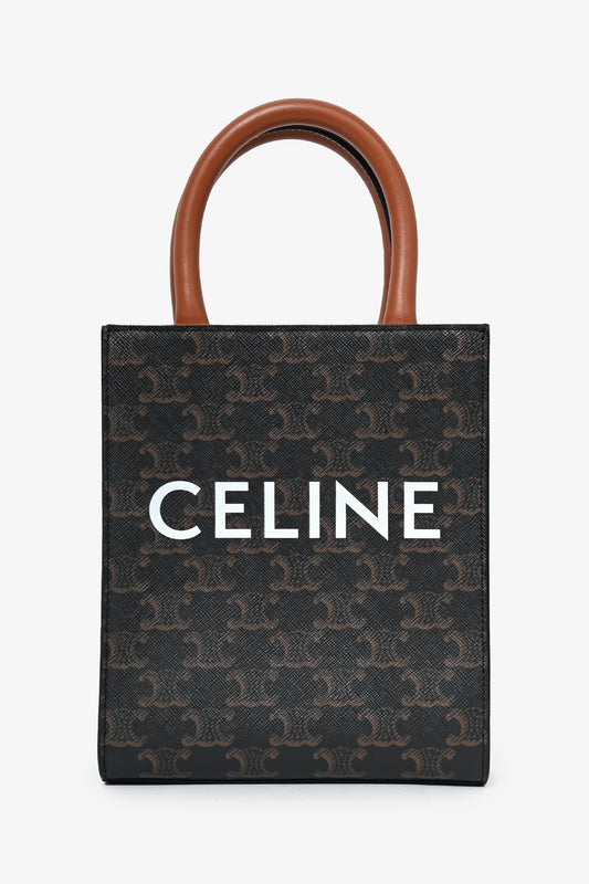 Celine Brown Leather Logo Mini Vertical Cabas Tote Bag with Strap