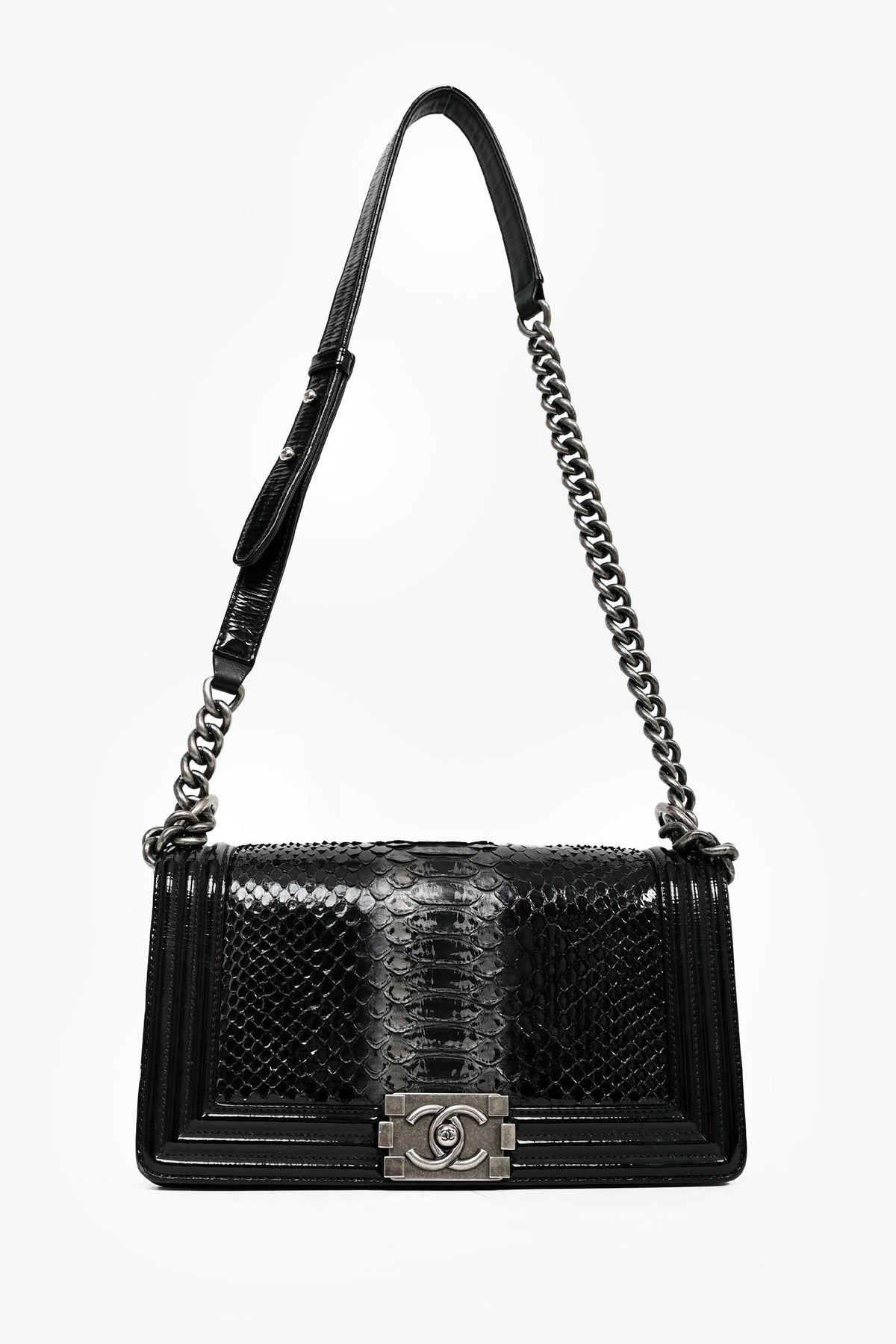 Pre-Loved Chanel™ 2014-15 Black/Grey Python Medium Boy Bag