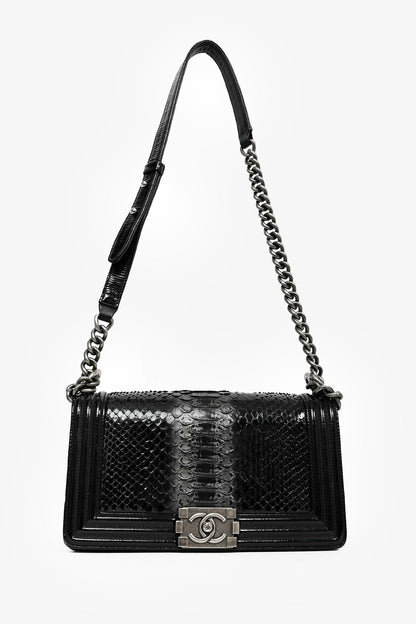 Pre-Loved Chanel™ 2014-15 Black/Grey Python Medium Boy Bag