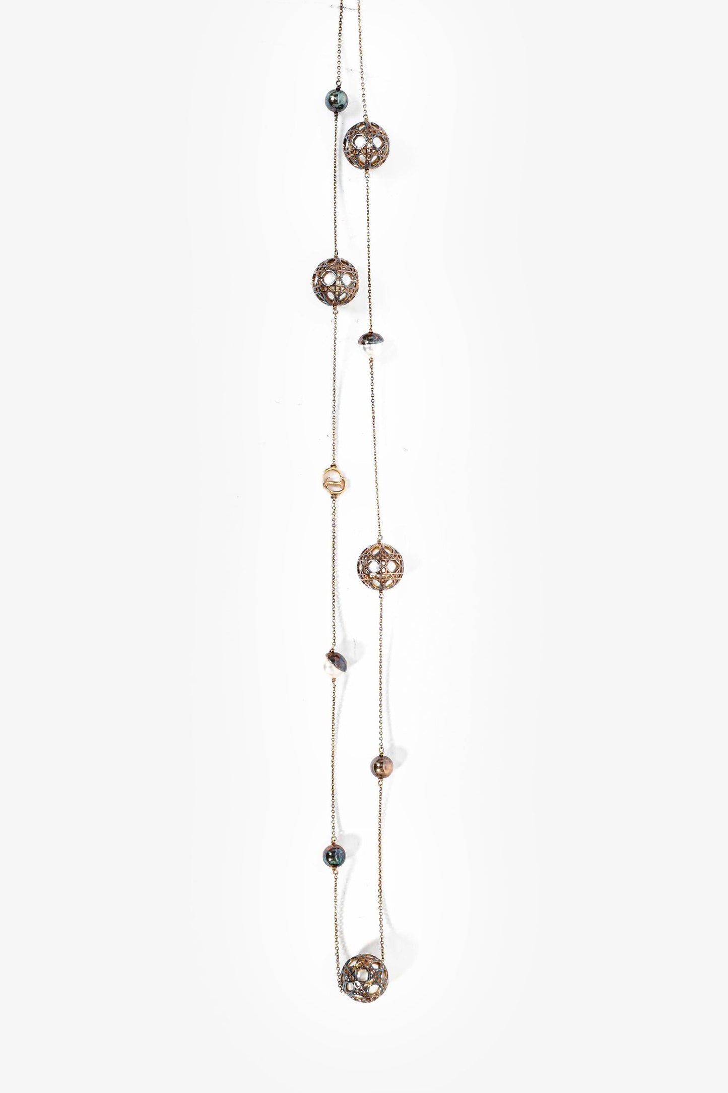 Christian Dior Gold Toned Faux Pearl Station Long Chain Necklace