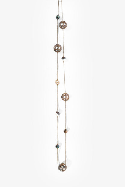 Christian Dior Gold Toned Faux Pearl Station Long Chain Necklace