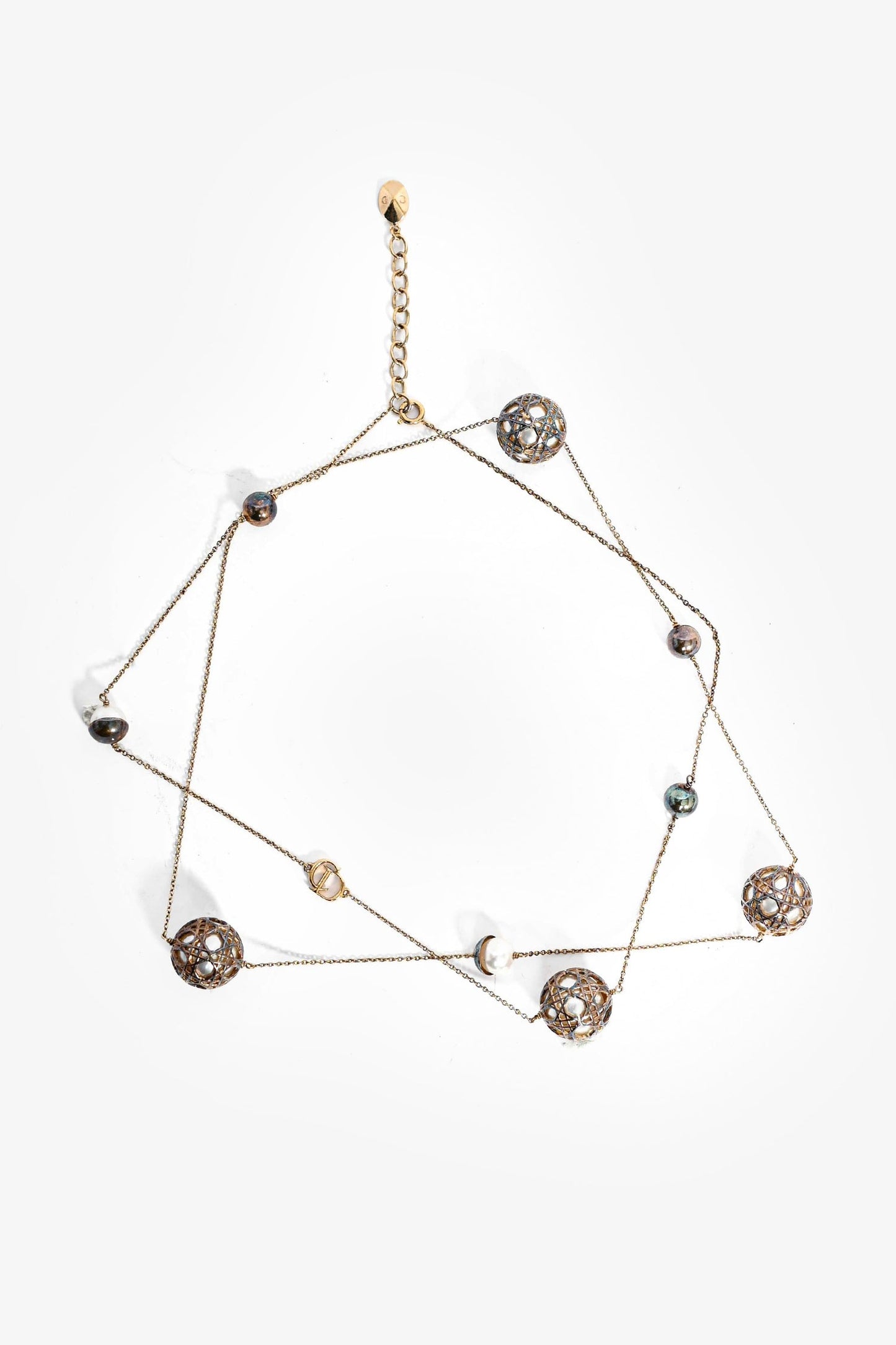 Christian Dior Gold Toned Faux Pearl Station Long Chain Necklace