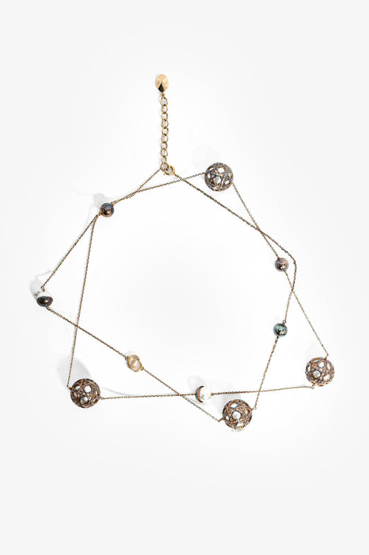 Christian Dior Gold Toned Faux Pearl Station Long Chain Necklace