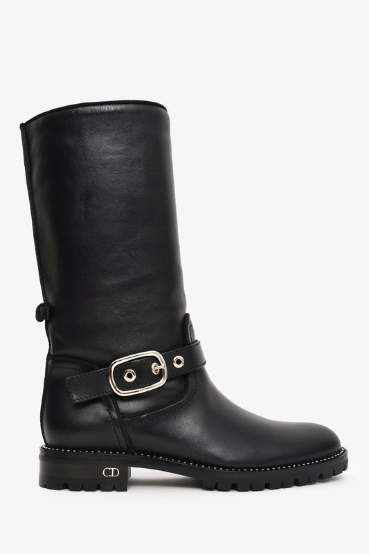 Christian Dior Black Leather Moto Boots with Silver Crystals Size 36