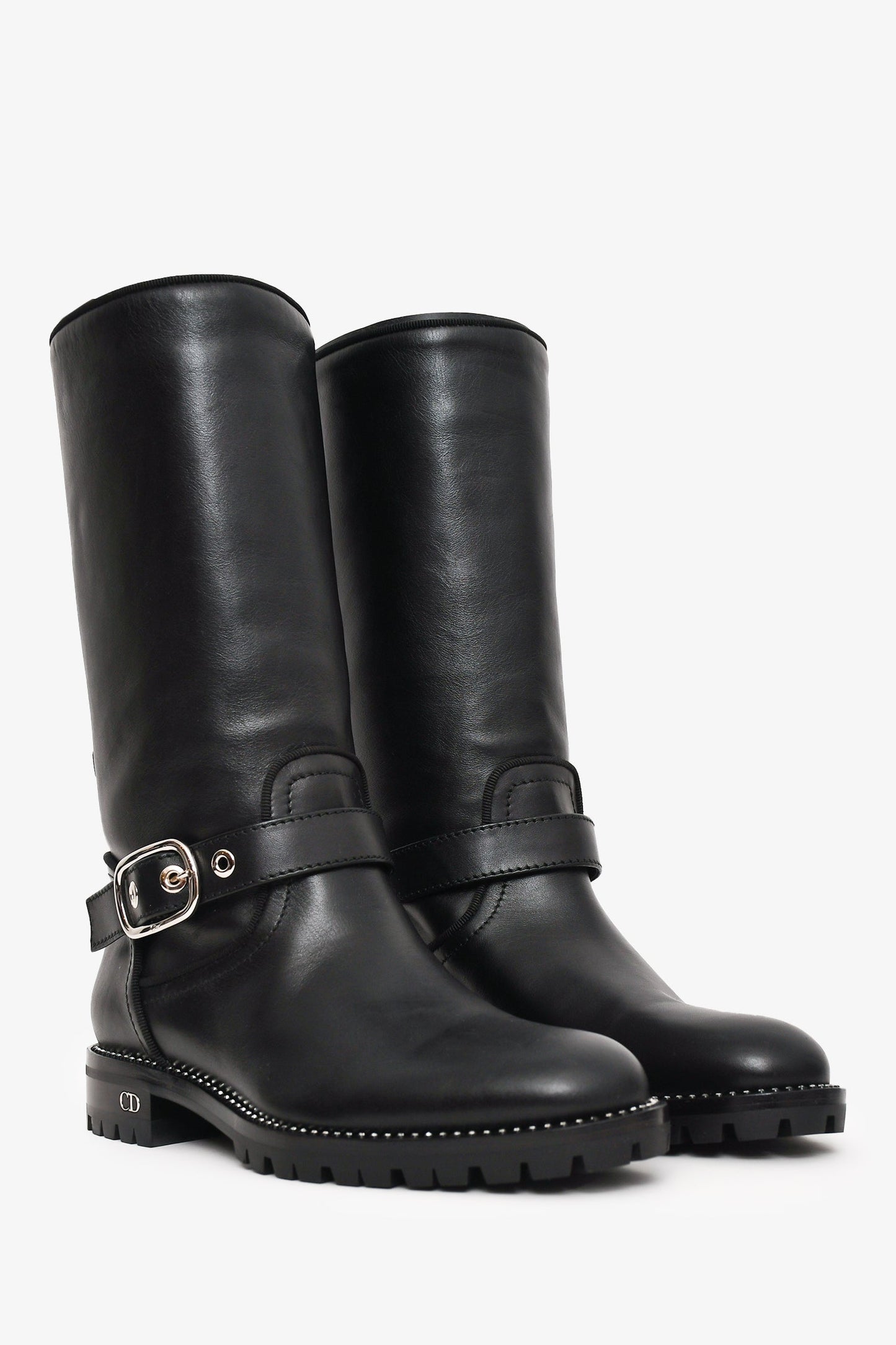 Christian Dior Black Leather Moto Boots with Silver Crystals Size 36