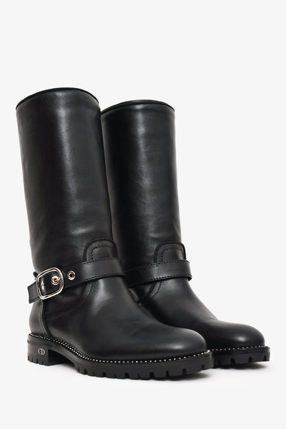 Christian Dior Black Leather Moto Boots with Silver Crystals Size 36