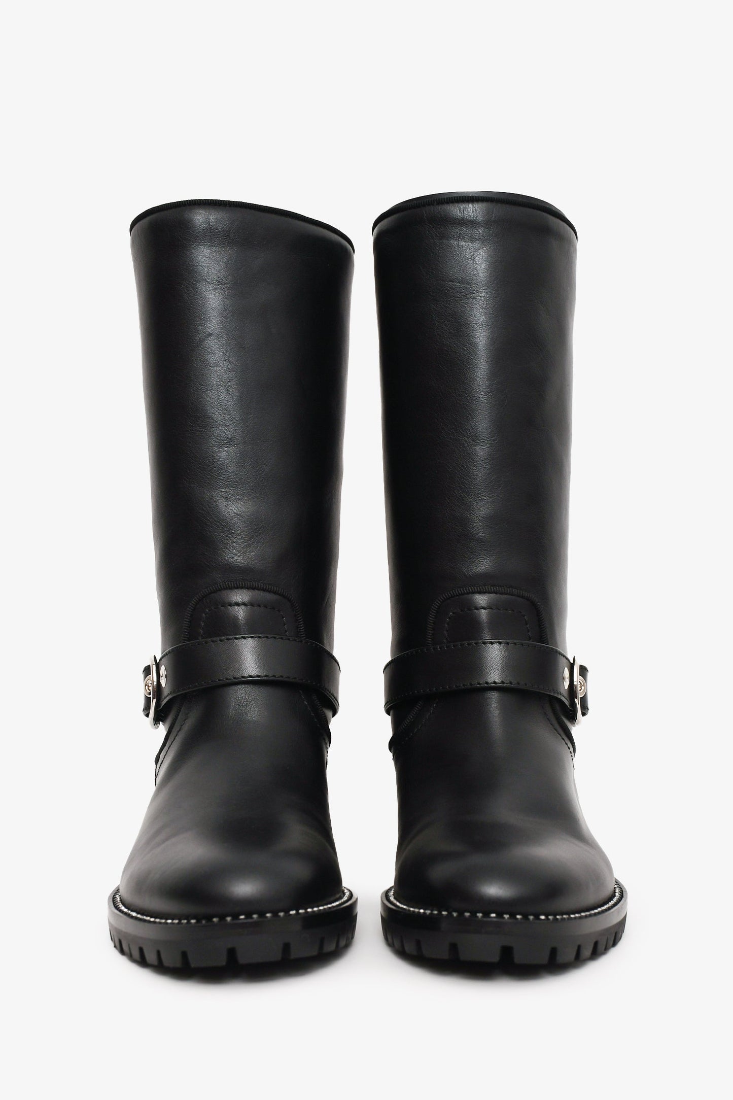 Christian Dior Black Leather Moto Boots with Silver Crystals Size 36