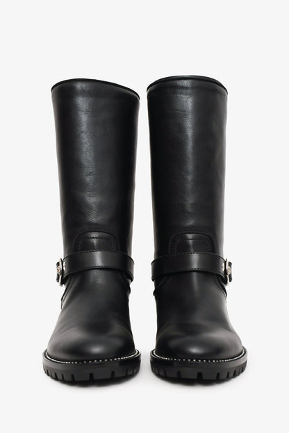 Christian Dior Black Leather Moto Boots with Silver Crystals Size 36