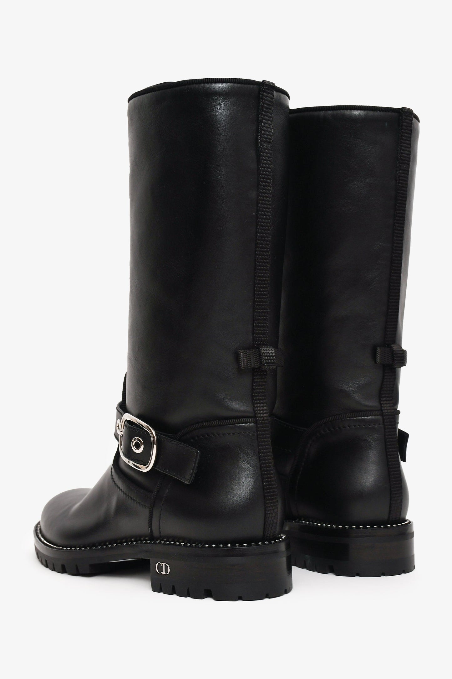 Christian Dior Black Leather Moto Boots with Silver Crystals Size 36