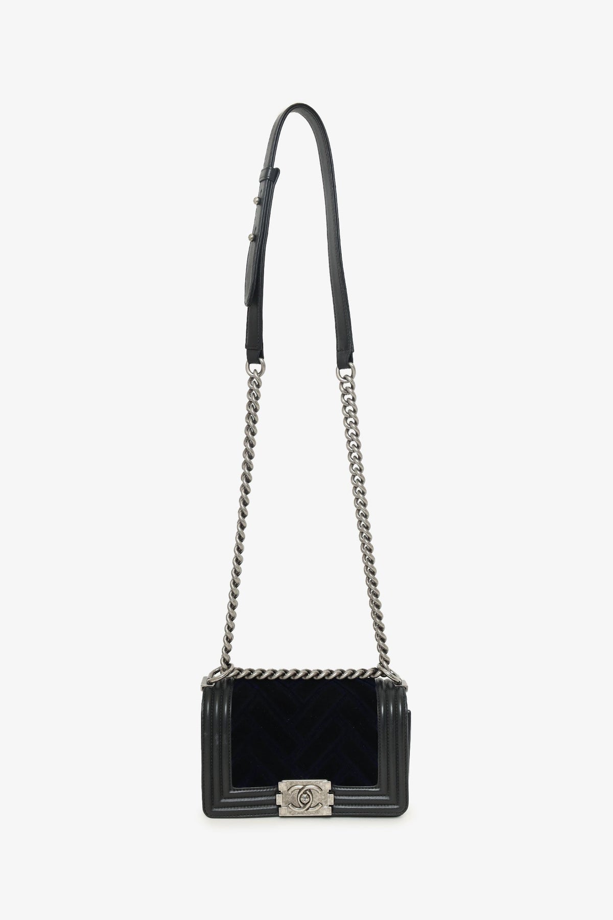 Pre-Loved Chanel™ 2017 Black/Navy Velvet/Calfskin Small Boy Bag