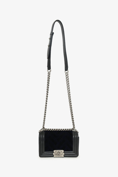 Pre-Loved Chanel™ 2017 Black/Navy Velvet/Calfskin Small Boy Bag