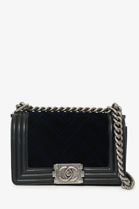 Pre-Loved Chanel™ 2017 Black/Navy Velvet/Calfskin Small Boy Bag