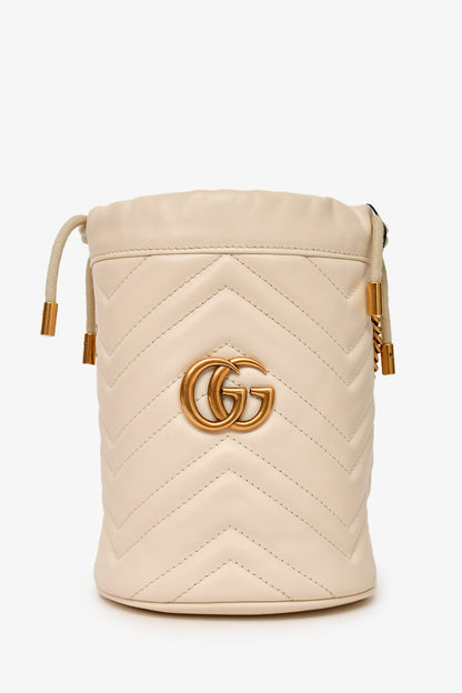 Gucci White Leather Chevron Quilted Marmont Bucket Bag