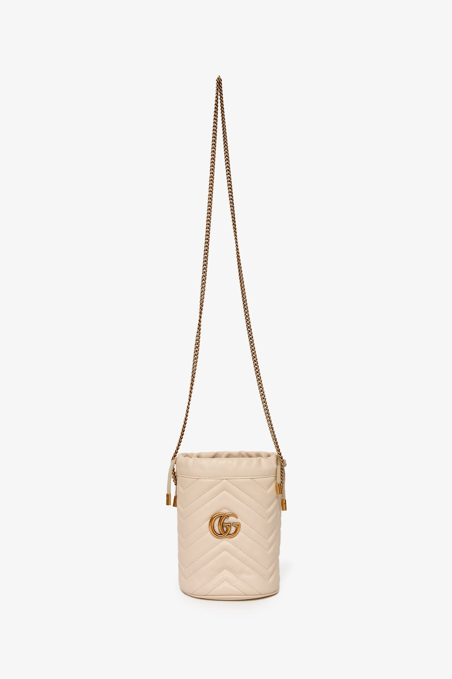 Gucci White Leather Chevron Quilted Marmont Bucket Bag