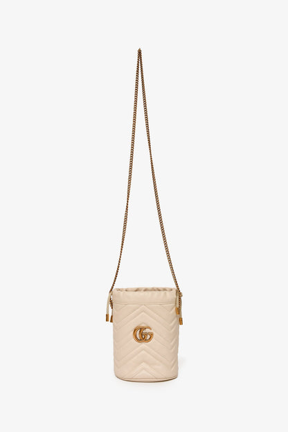 Gucci White Leather Chevron Quilted Marmont Bucket Bag