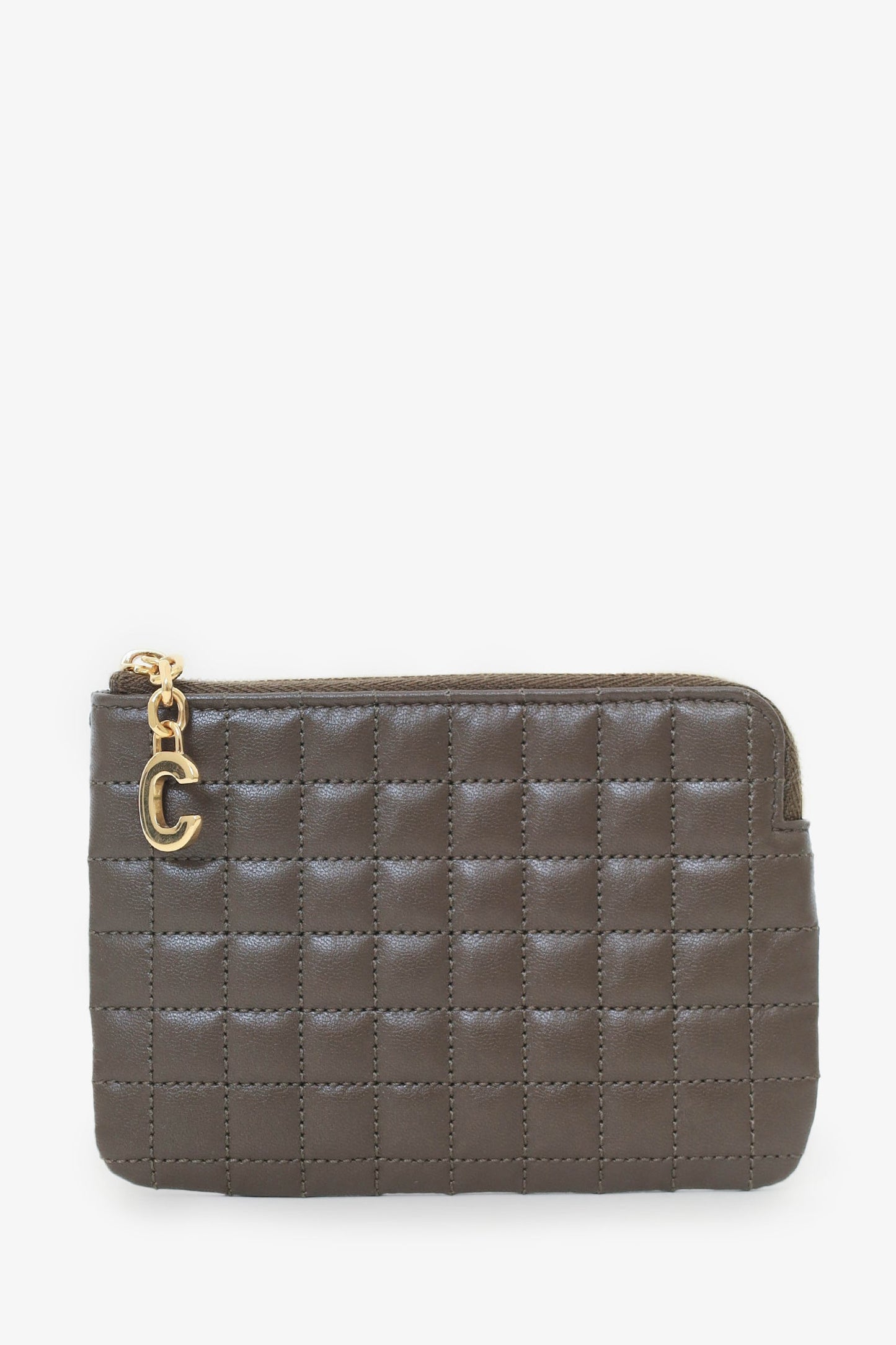 Celine Khaki Green Quilted C-Charm Compact Zip Wallet